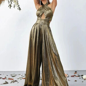 Bronze Women's Cross Wrap Front Backless Metallic Halter Wide Leg Jumpsuit